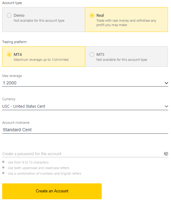 Exness Standard Cent Account Registration