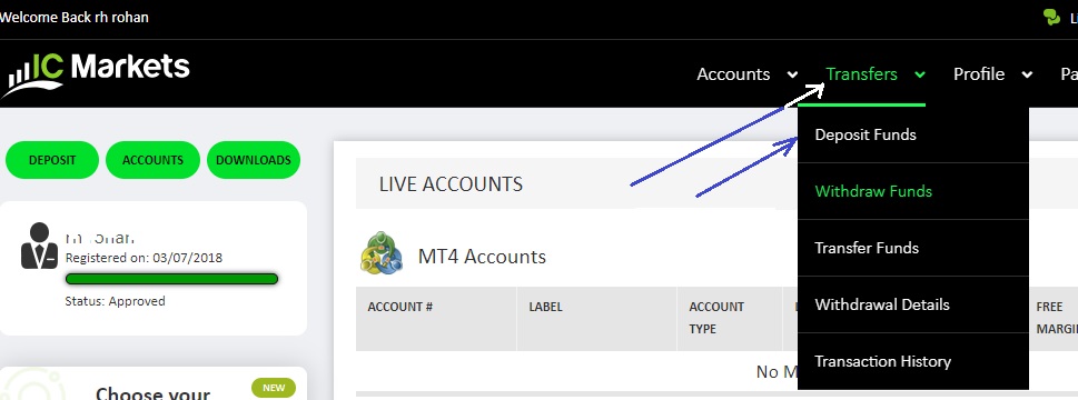 ICMarkets Account Dashboard For Fund Deposit